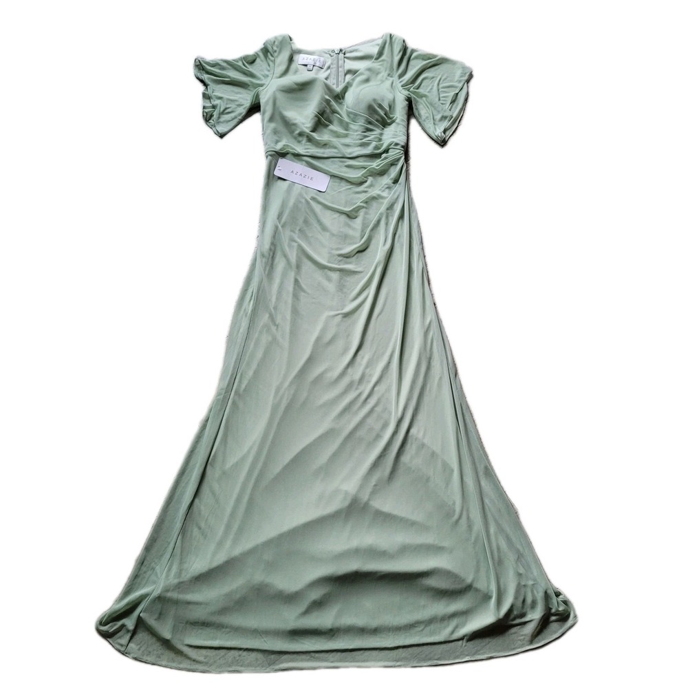 NEW Azazie SELAH Dusty Sage Green Flutter-Sleeve Chiffon Gown Size A6 Bridesmaid - Picture 2 of 8